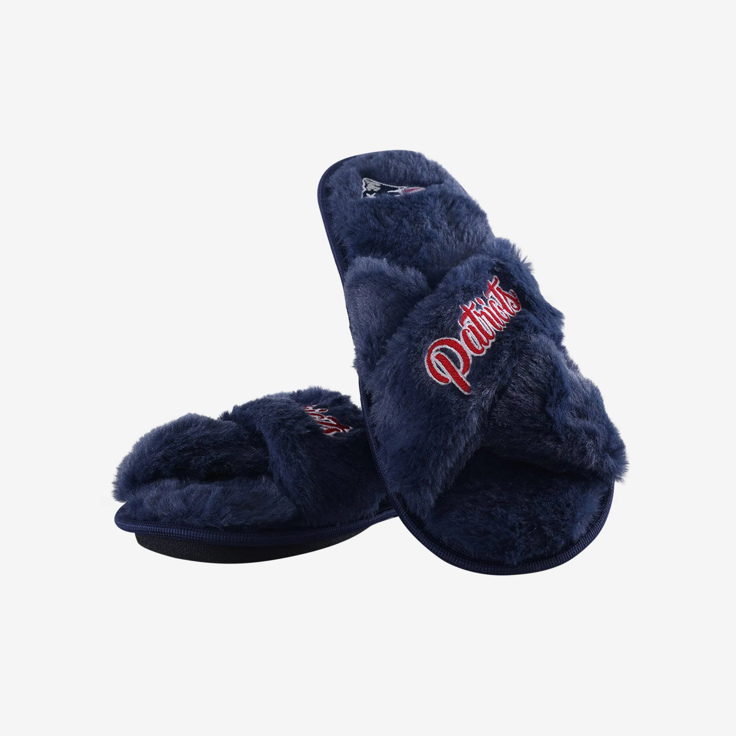 New England Patriots Womens Script Wordmark Fur Cross Slide
