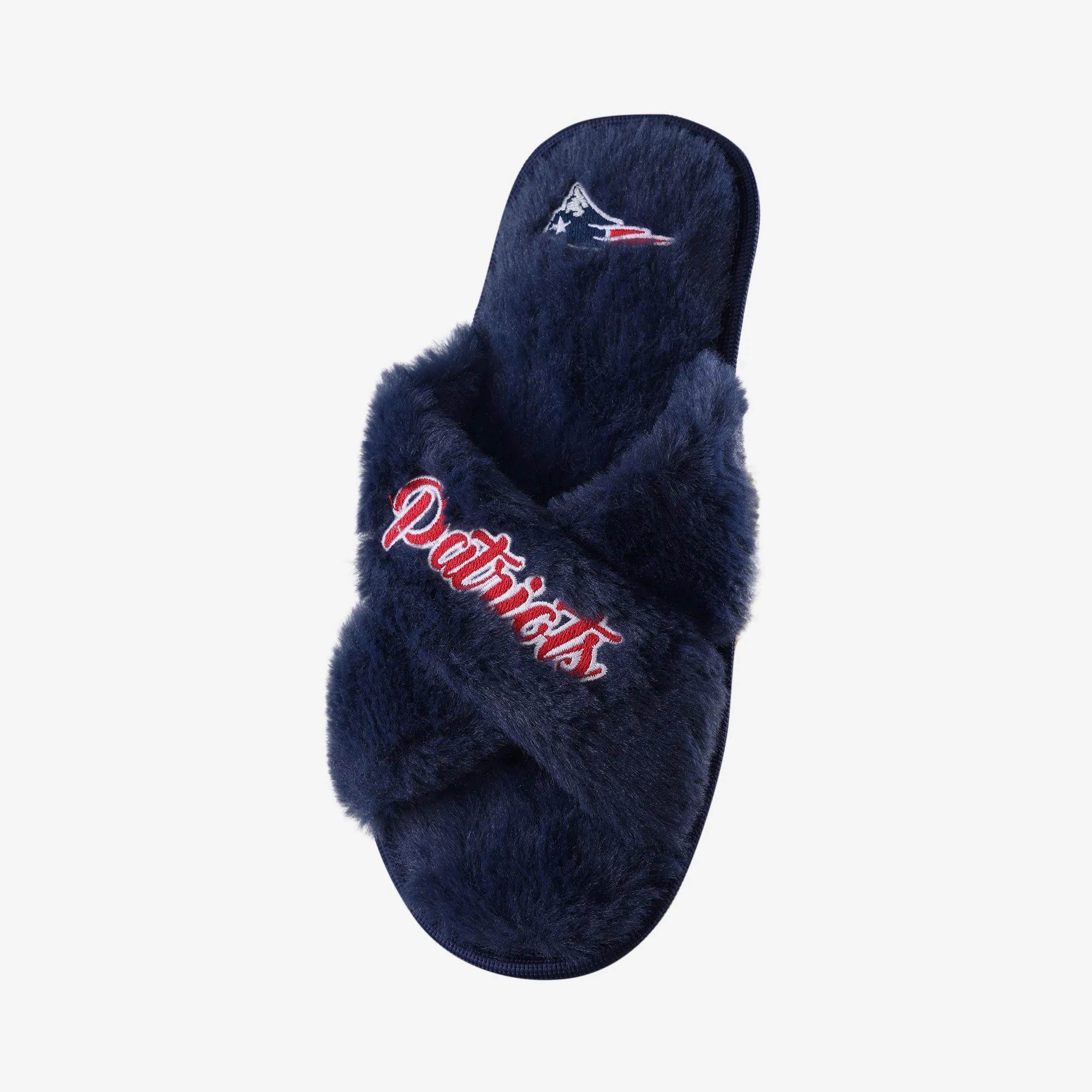 New England Patriots Womens Script Wordmark Fur Cross Slide