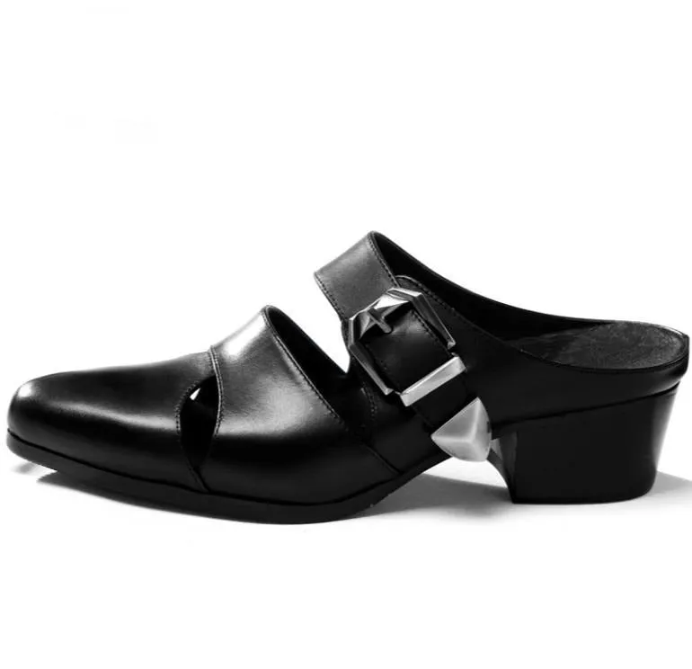 New Summer Men Slippers High Heels Genuine Leather Pointed Toe 5CM Height Increase Men Shoes Casual Fashion Trend Outside Slides