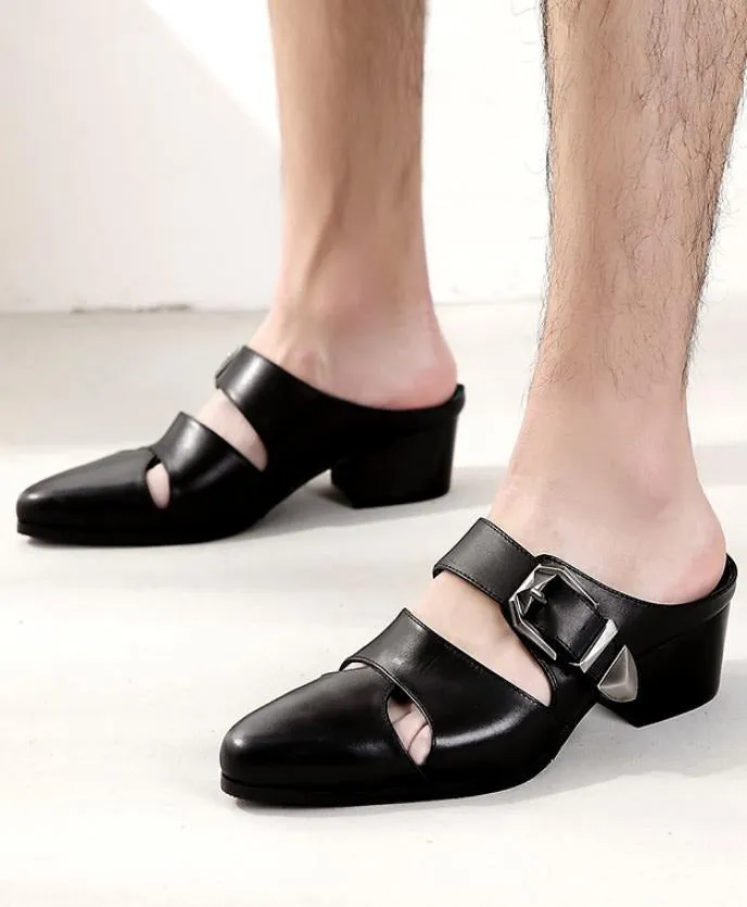 New Summer Men Slippers High Heels Genuine Leather Pointed Toe 5CM Height Increase Men Shoes Casual Fashion Trend Outside Slides