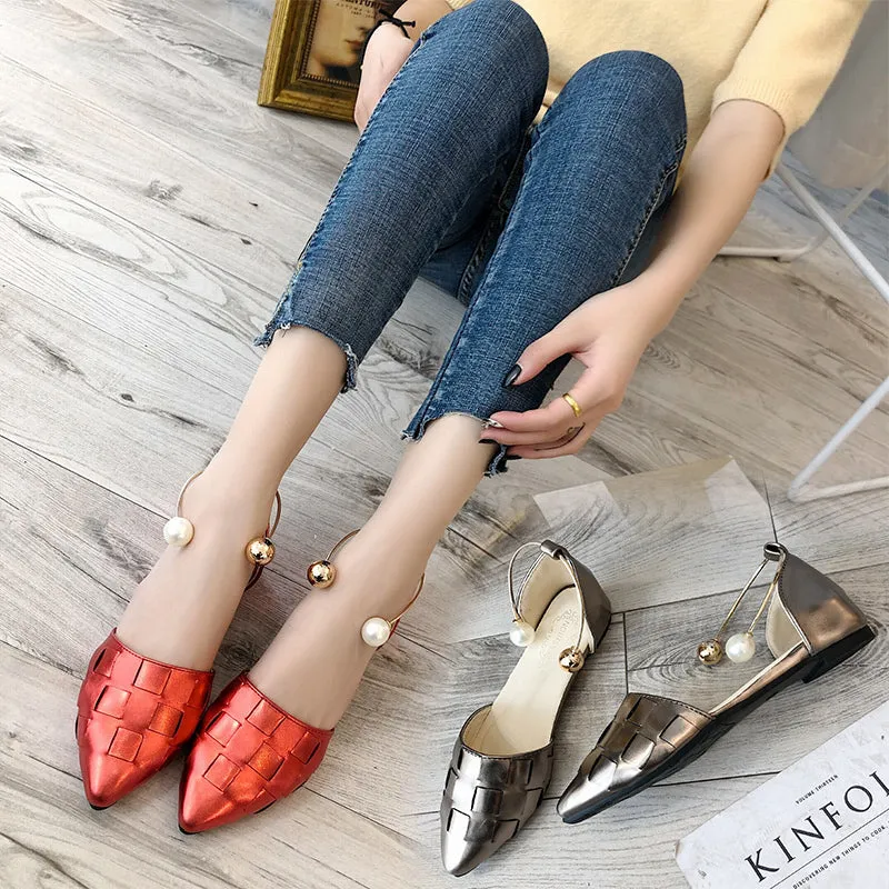 New Women Solid Color Shoes Flats Heel Pearl Fashion High Quality Basic Pointed Toe Ballerina Ballet Flat Slip On Shoes Women