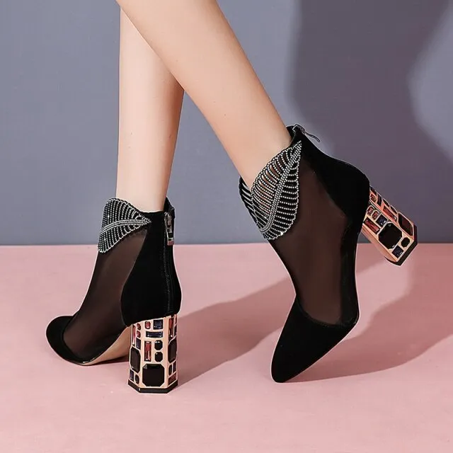 Patent leather high-heeled net boots
