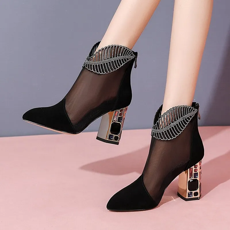 Patent leather high-heeled net boots