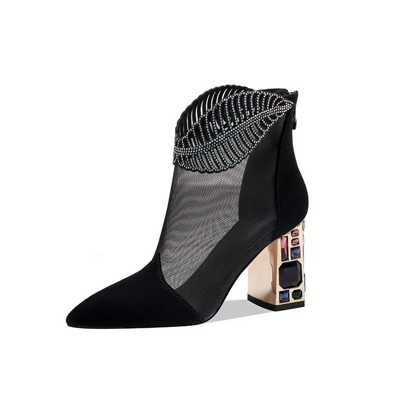Patent leather high-heeled net boots