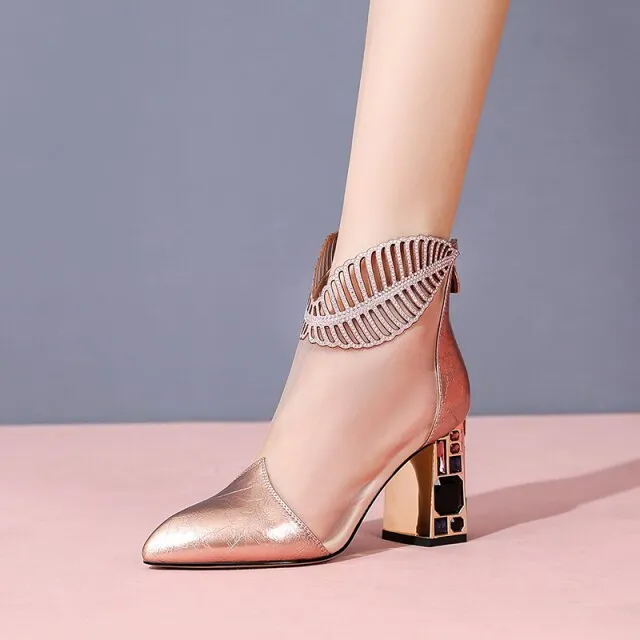 Patent leather high-heeled net boots