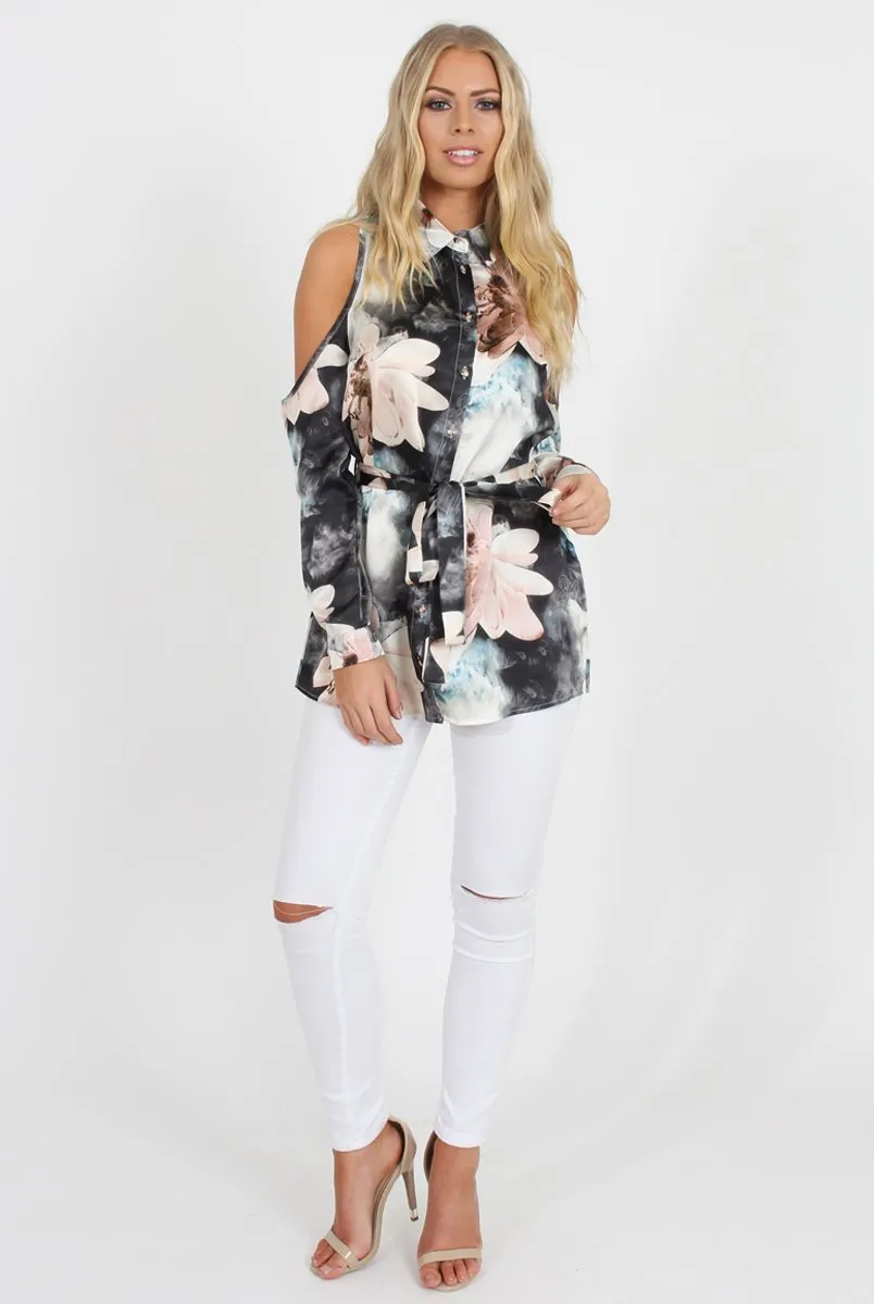 Pink Floral Cold Should Tie Waist Shirt- Loren