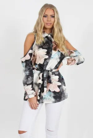 Pink Floral Cold Should Tie Waist Shirt- Loren