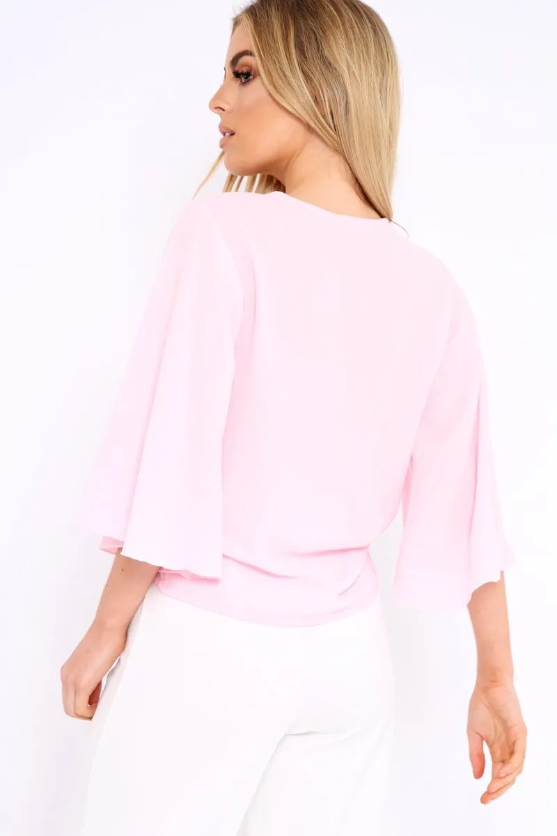Pink Tie Front Top with Flare Sleeves - Wren