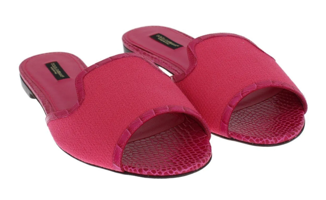 Pink Wool Crocodile Flat Sandals