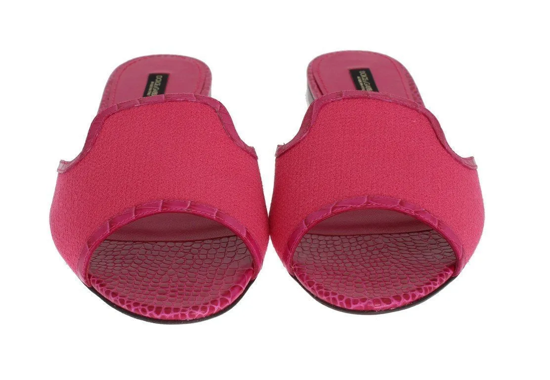 Pink Wool Crocodile Flat Sandals