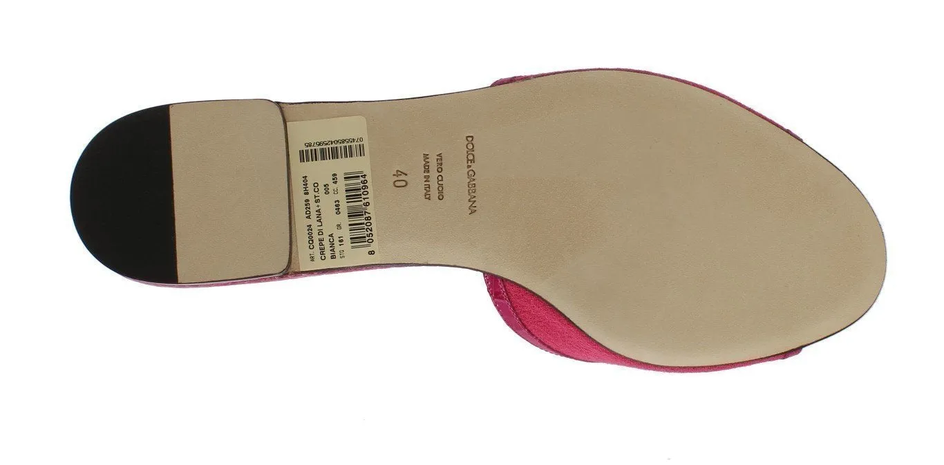 Pink Wool Crocodile Flat Sandals