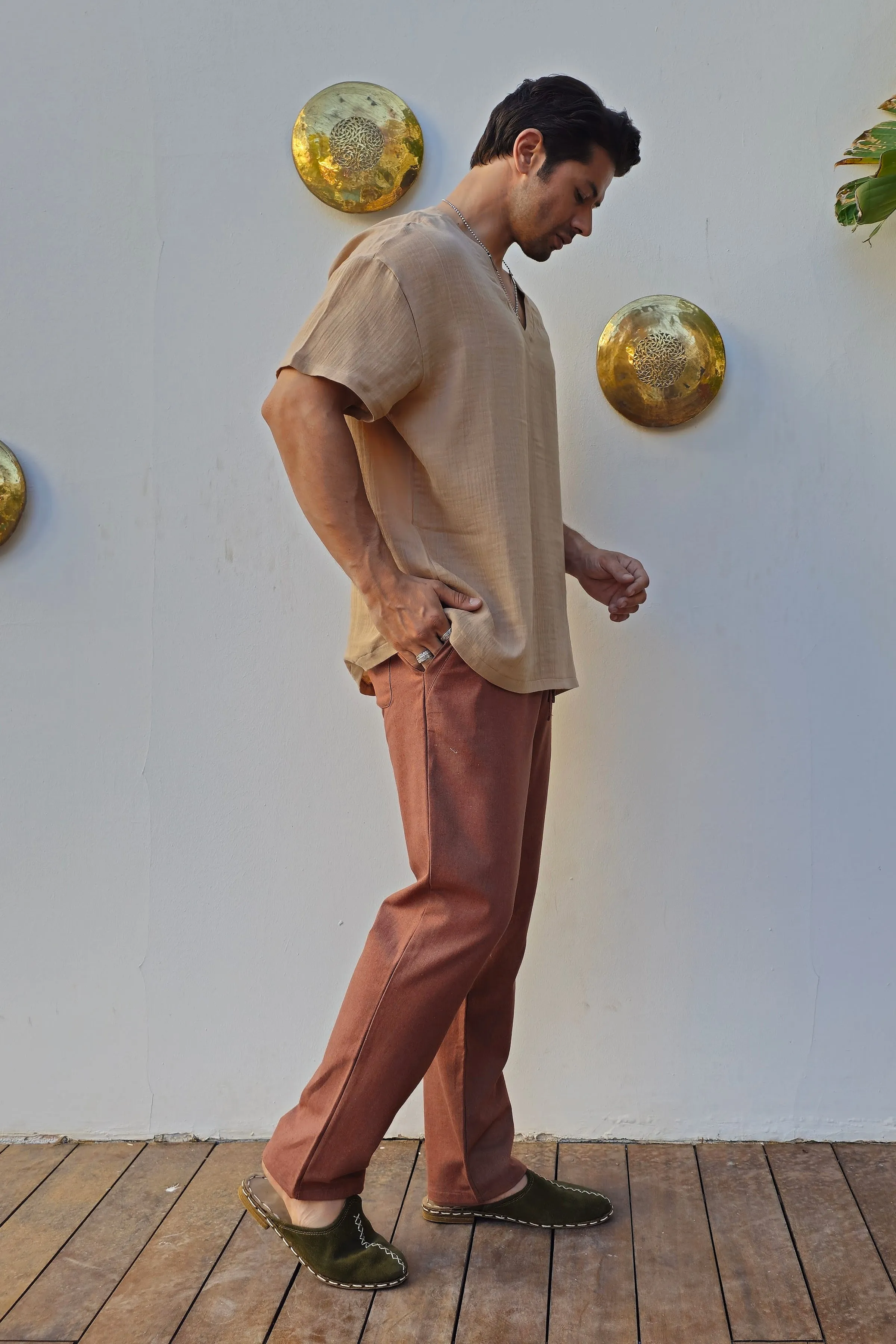 POSEIDON Eco-Friendly Linen & Cotton Blend Drawstring Pants (Black, Dark Brown)