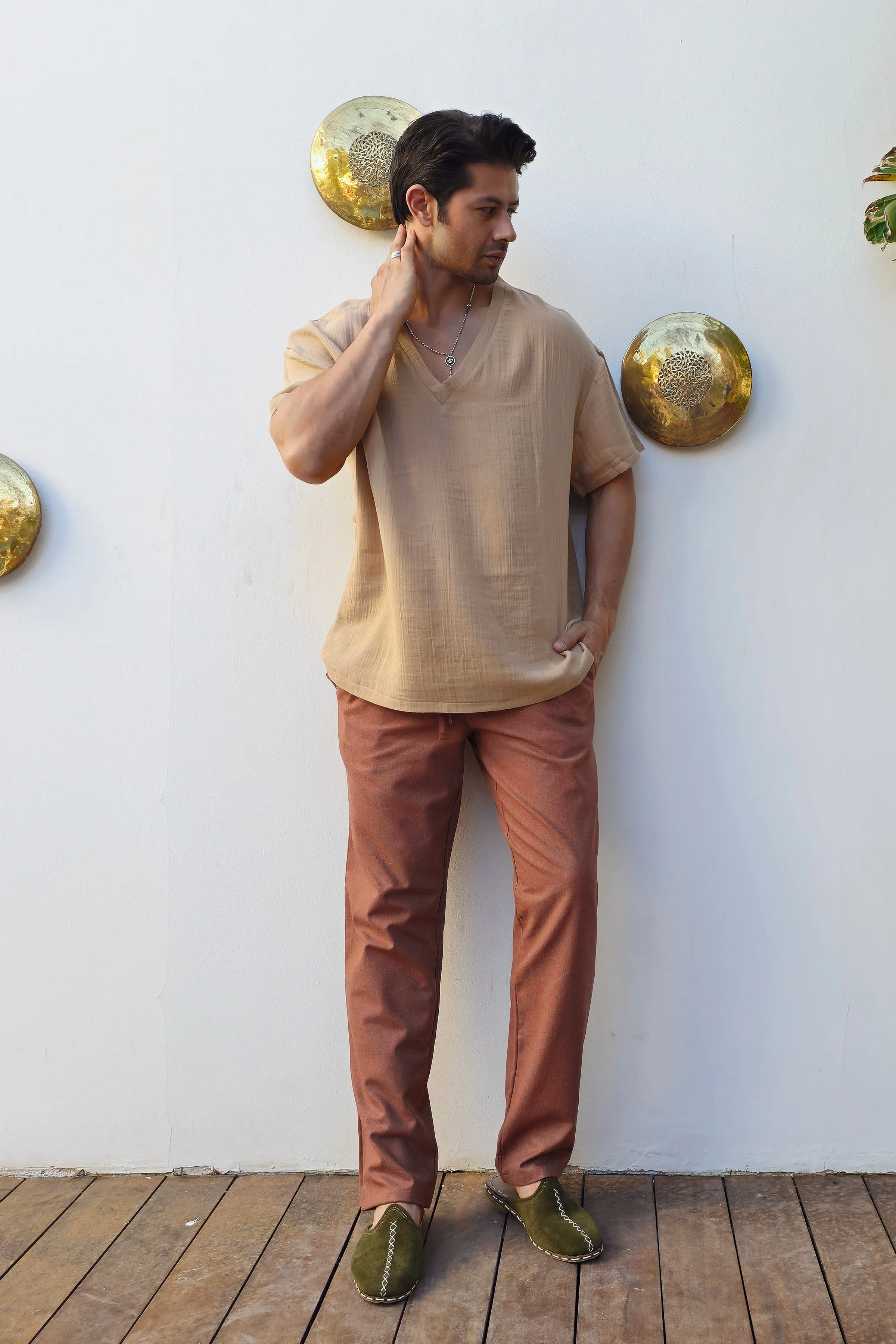POSEIDON Eco-Friendly Linen & Cotton Blend Drawstring Pants (Black, Dark Brown)