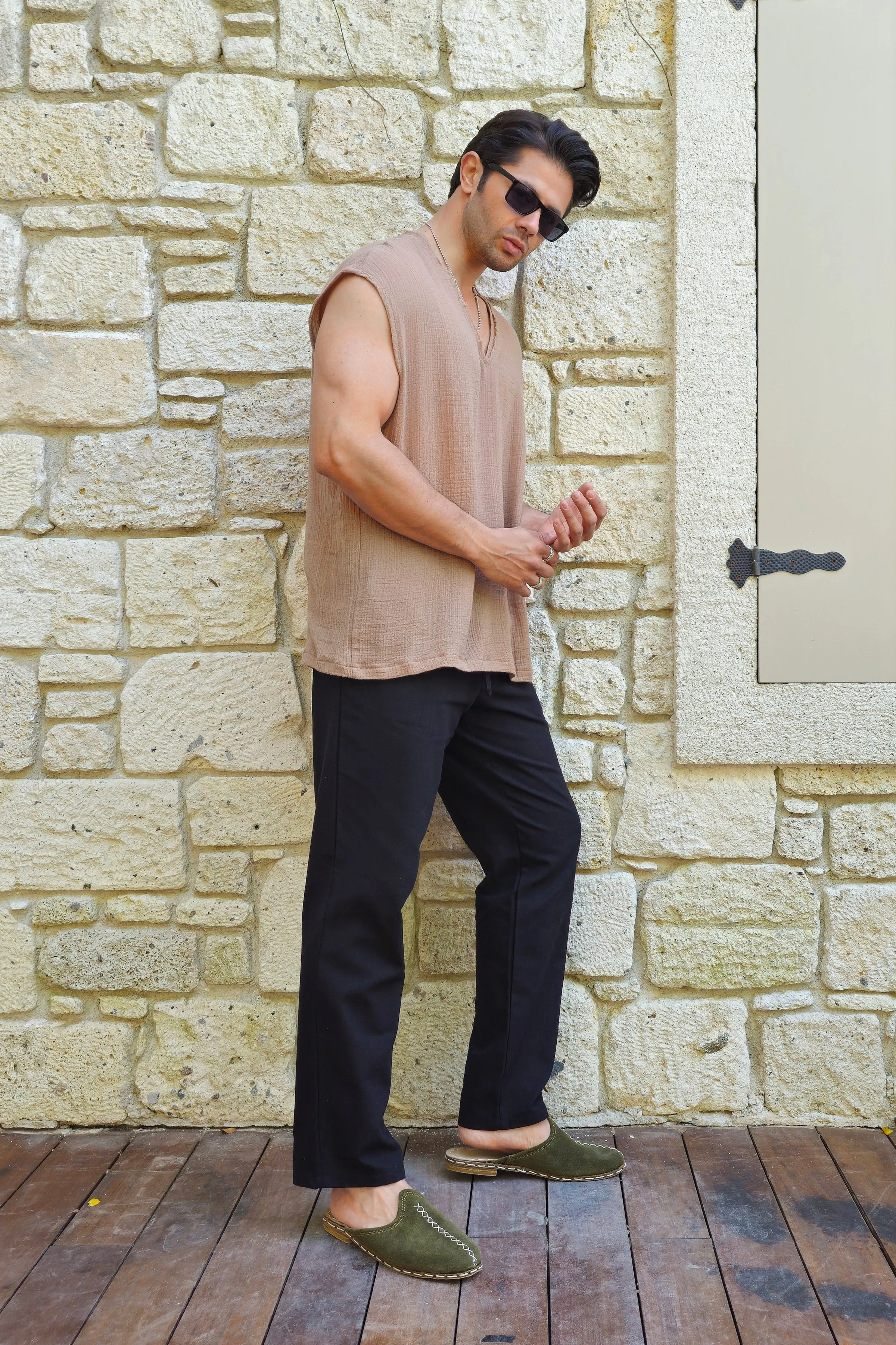 POSEIDON Eco-Friendly Linen & Cotton Blend Drawstring Pants (Black, Dark Brown)