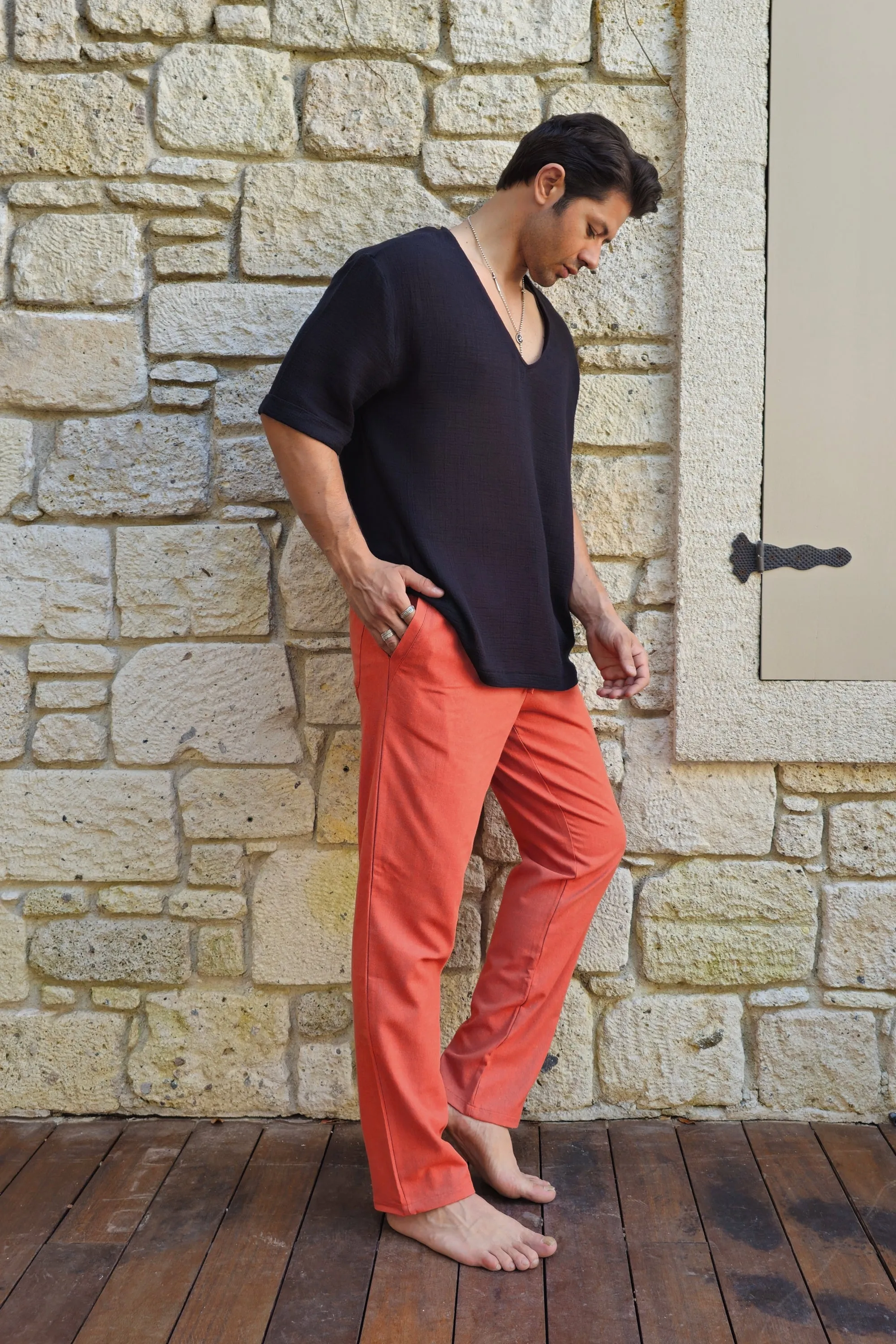 POSEIDON Eco-Friendly Linen & Cotton Blend Drawstring Pants (Burnt Orange, Terra Cotta)