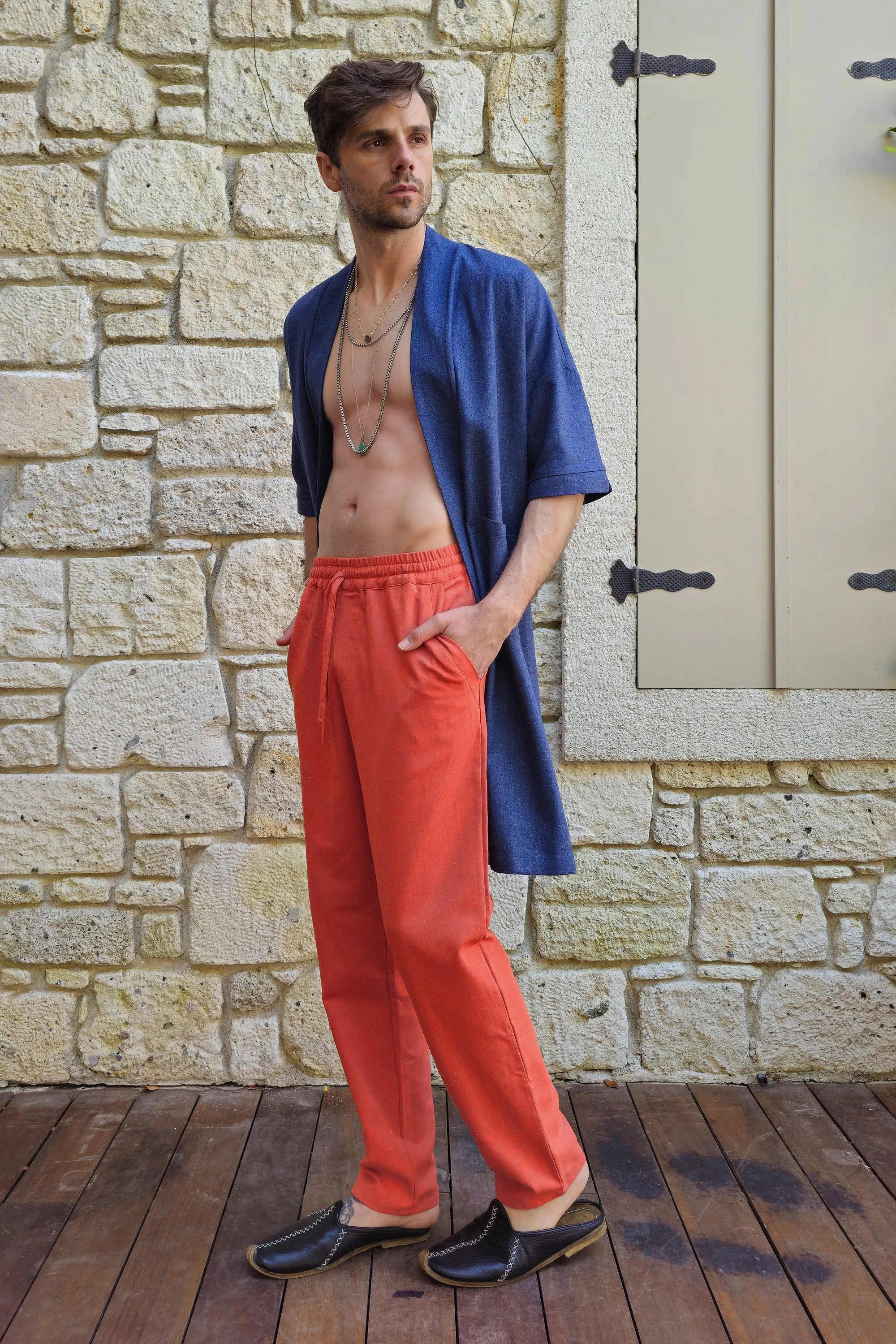 POSEIDON Eco-Friendly Linen & Cotton Blend Drawstring Pants (Burnt Orange, Terra Cotta)