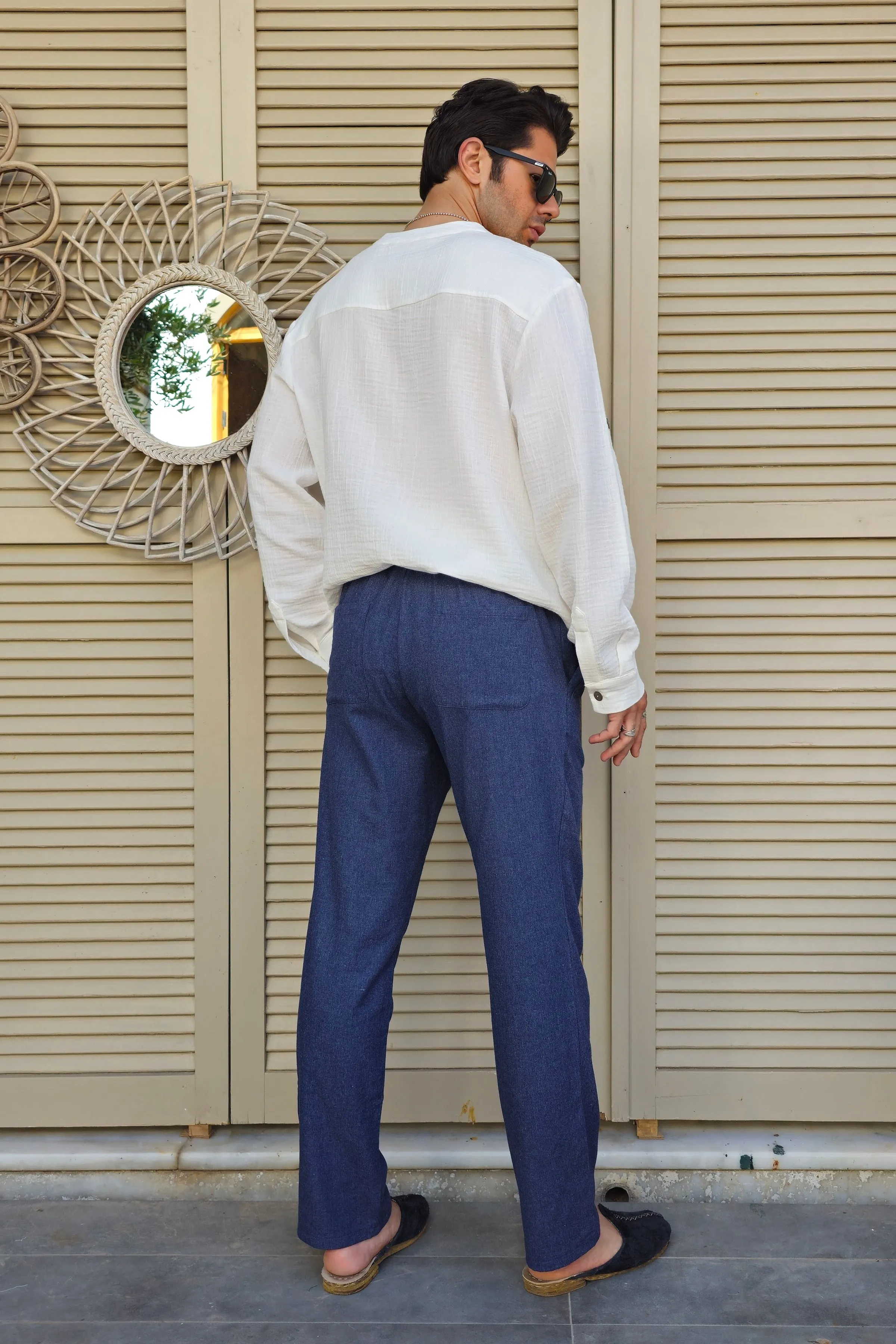 POSEIDON Eco-Friendly Linen & Cotton Blend Drawstring Pants (Indigo Blue)