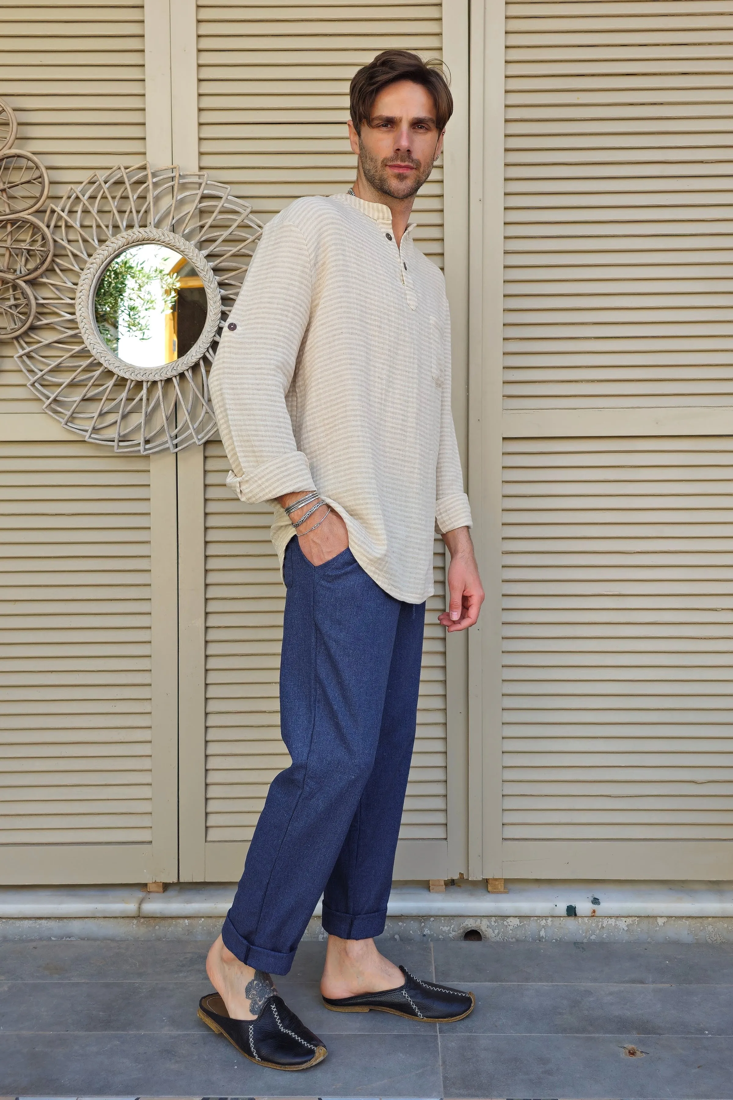 POSEIDON Eco-Friendly Linen & Cotton Blend Drawstring Pants (Indigo Blue)