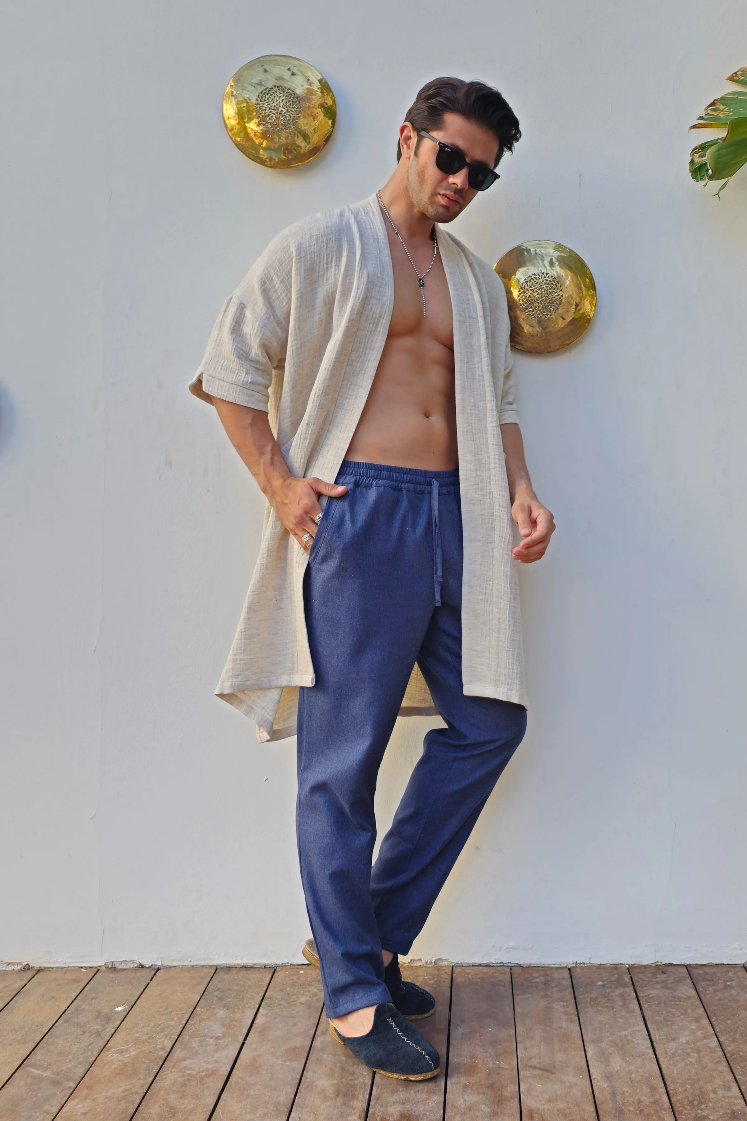 POSEIDON Eco-Friendly Linen & Cotton Blend Drawstring Pants (Indigo Blue)