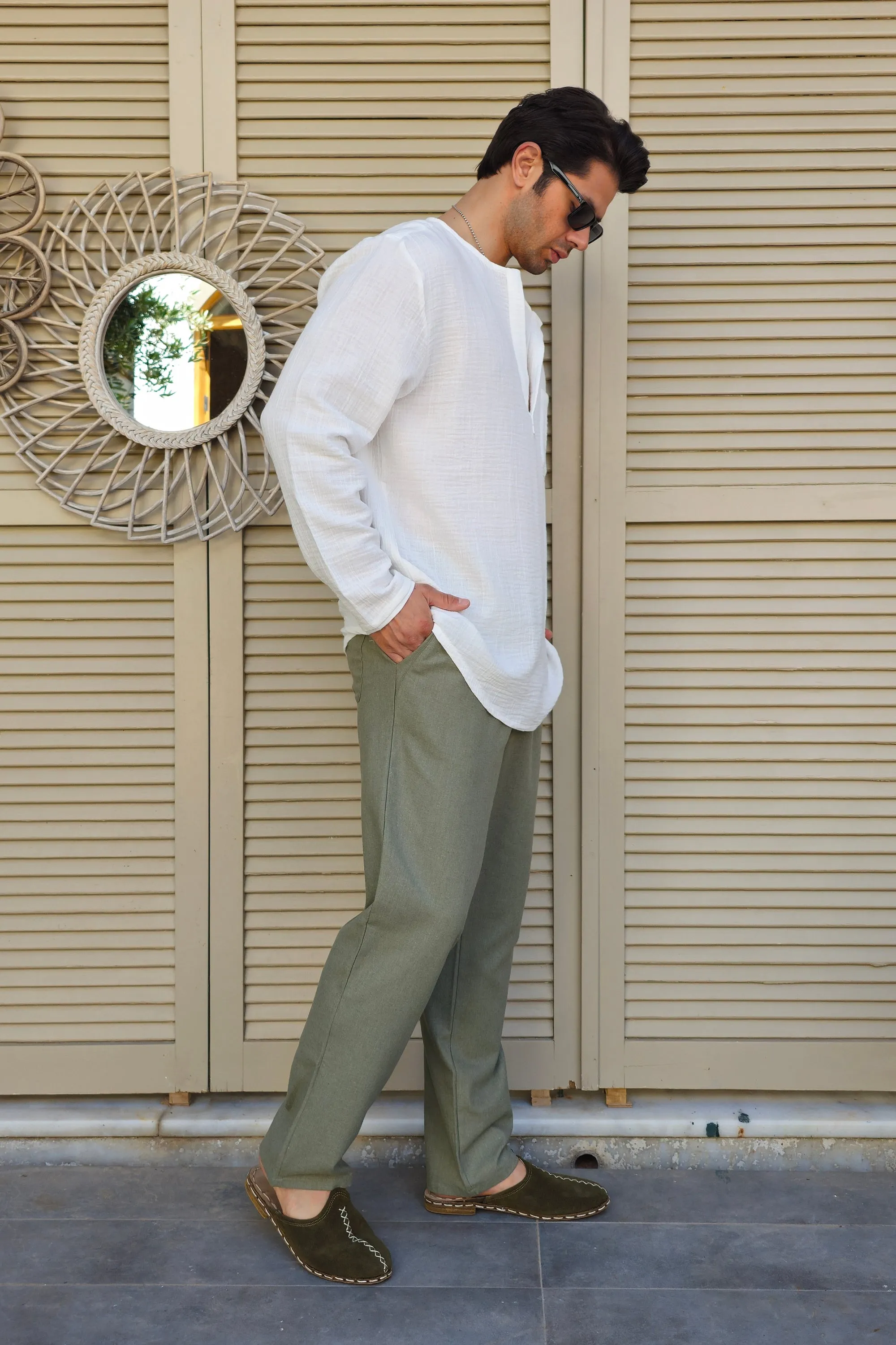 POSEIDON Eco-Friendly Linen & Cotton Blend Drawstring Pants (Windsor Tan, Green Almond)