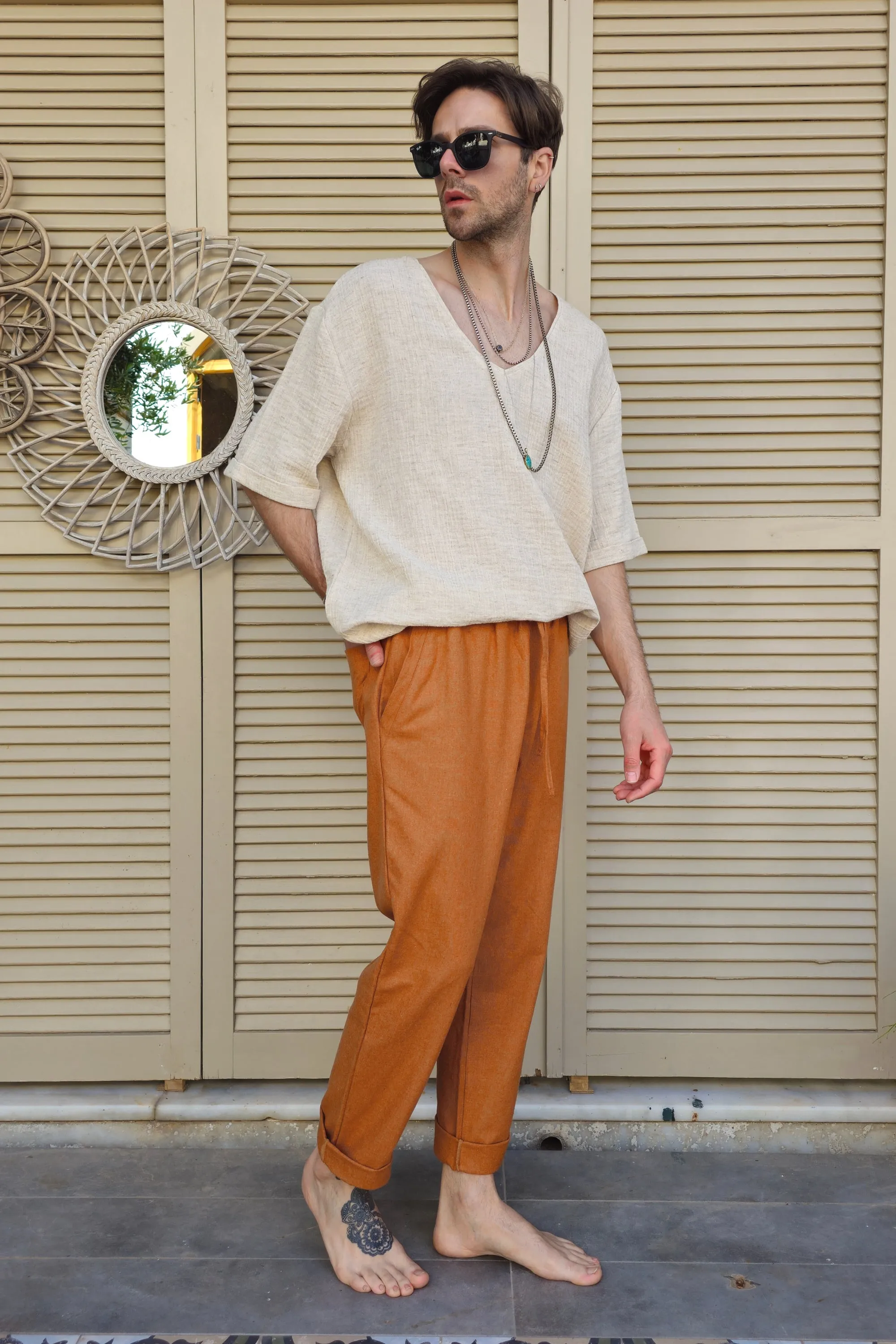 POSEIDON Eco-Friendly Linen & Cotton Blend Drawstring Pants (Windsor Tan, Green Almond)