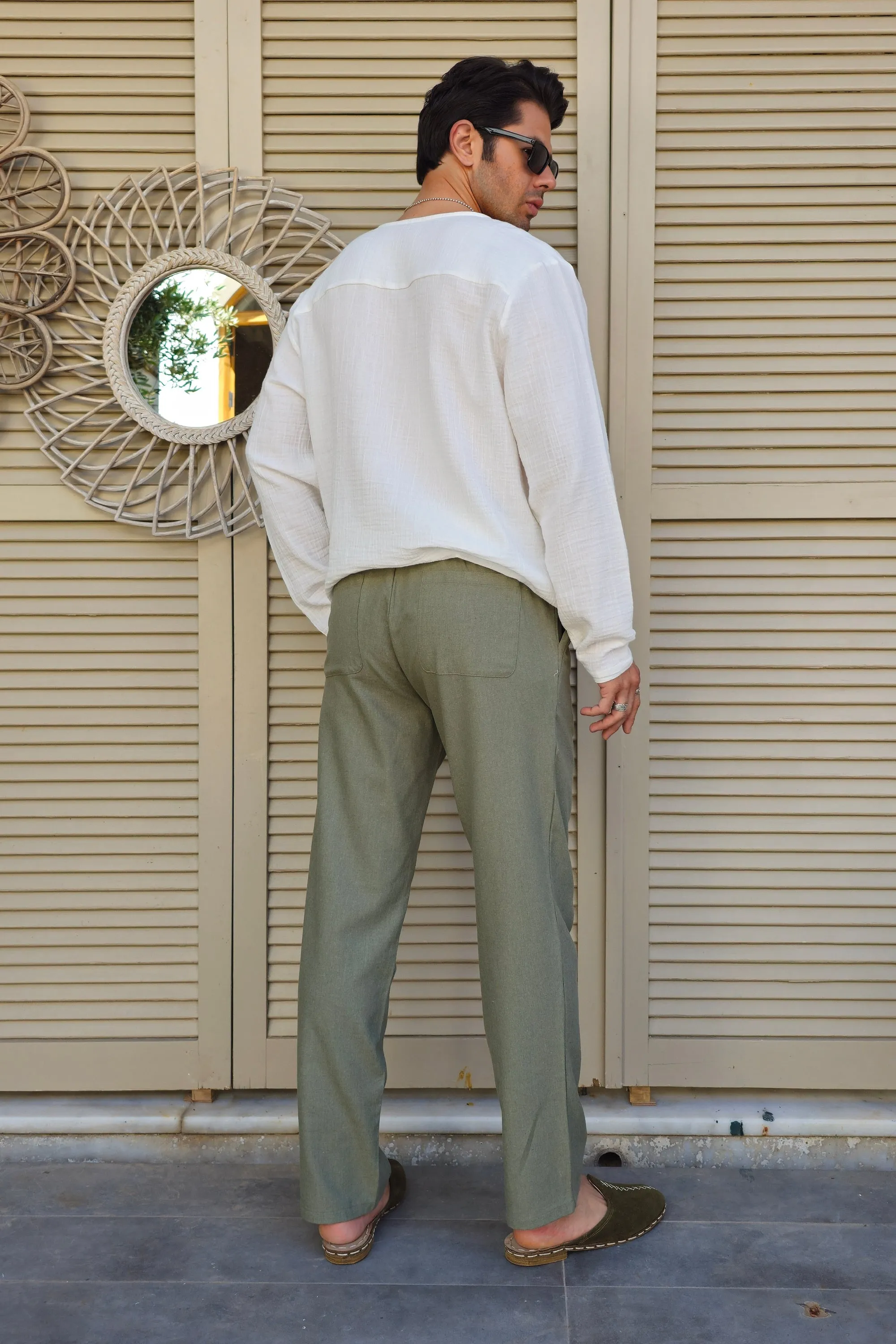 POSEIDON Eco-Friendly Linen & Cotton Blend Drawstring Pants (Windsor Tan, Green Almond)