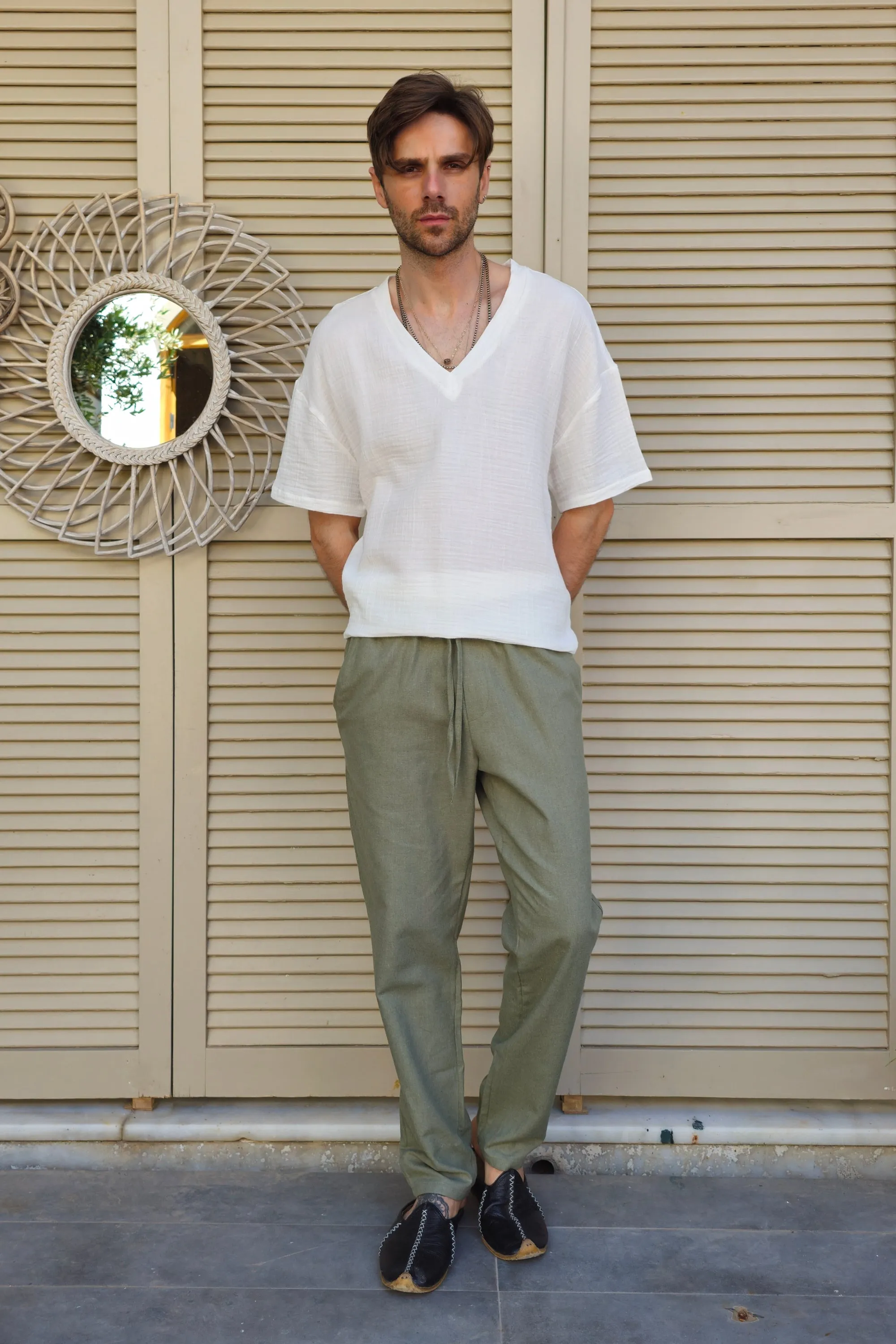 POSEIDON Eco-Friendly Linen & Cotton Blend Drawstring Pants (Windsor Tan, Green Almond)
