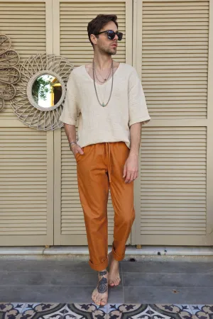 POSEIDON Eco-Friendly Linen & Cotton Blend Drawstring Pants (Windsor Tan, Green Almond)