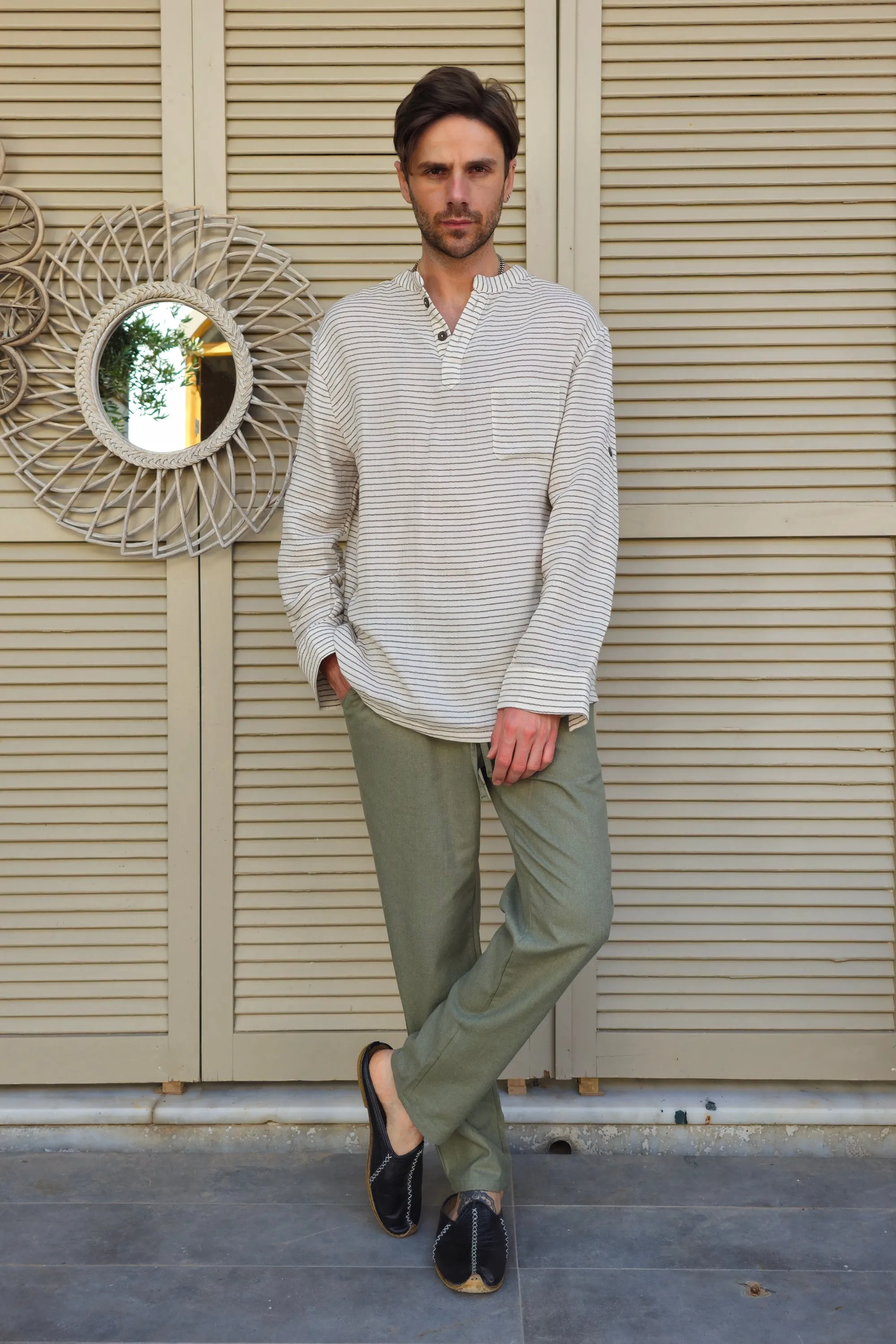 POSEIDON Eco-Friendly Linen & Cotton Blend Drawstring Pants (Windsor Tan, Green Almond)