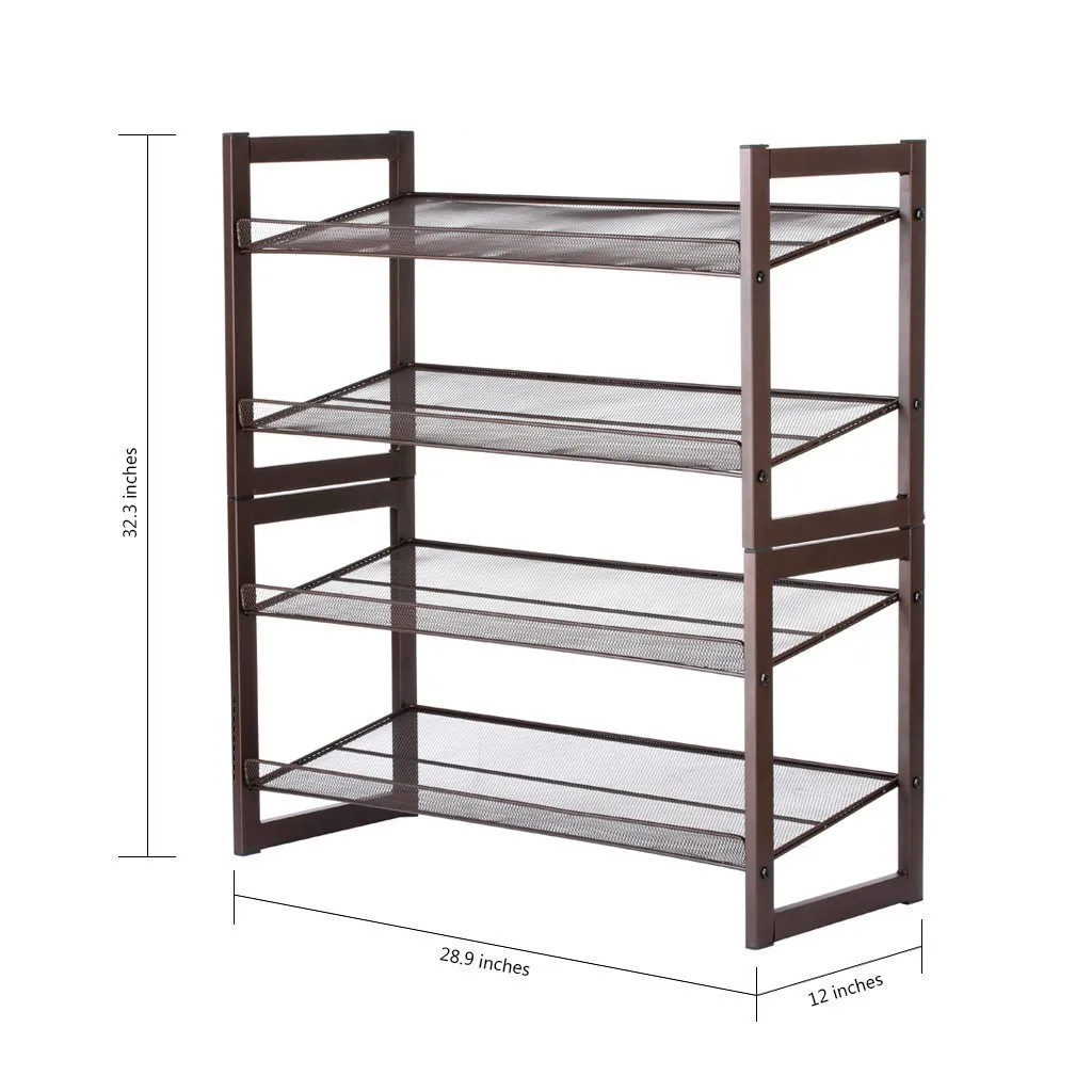Rackaphile 4-Tier Stackable Metal Shoe Rack Mesh Utility Shoe Storage Organizer Shelf for Closet Bedroom Entryway 32.3" × 28.9" × 12" Bronze