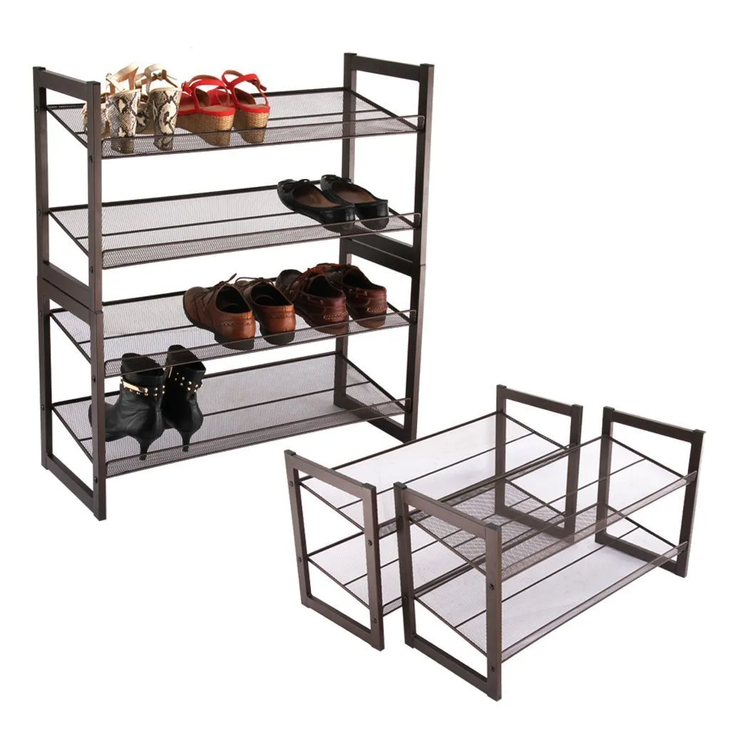Rackaphile 4-Tier Stackable Metal Shoe Rack Mesh Utility Shoe Storage Organizer Shelf for Closet Bedroom Entryway 32.3" × 28.9" × 12" Bronze