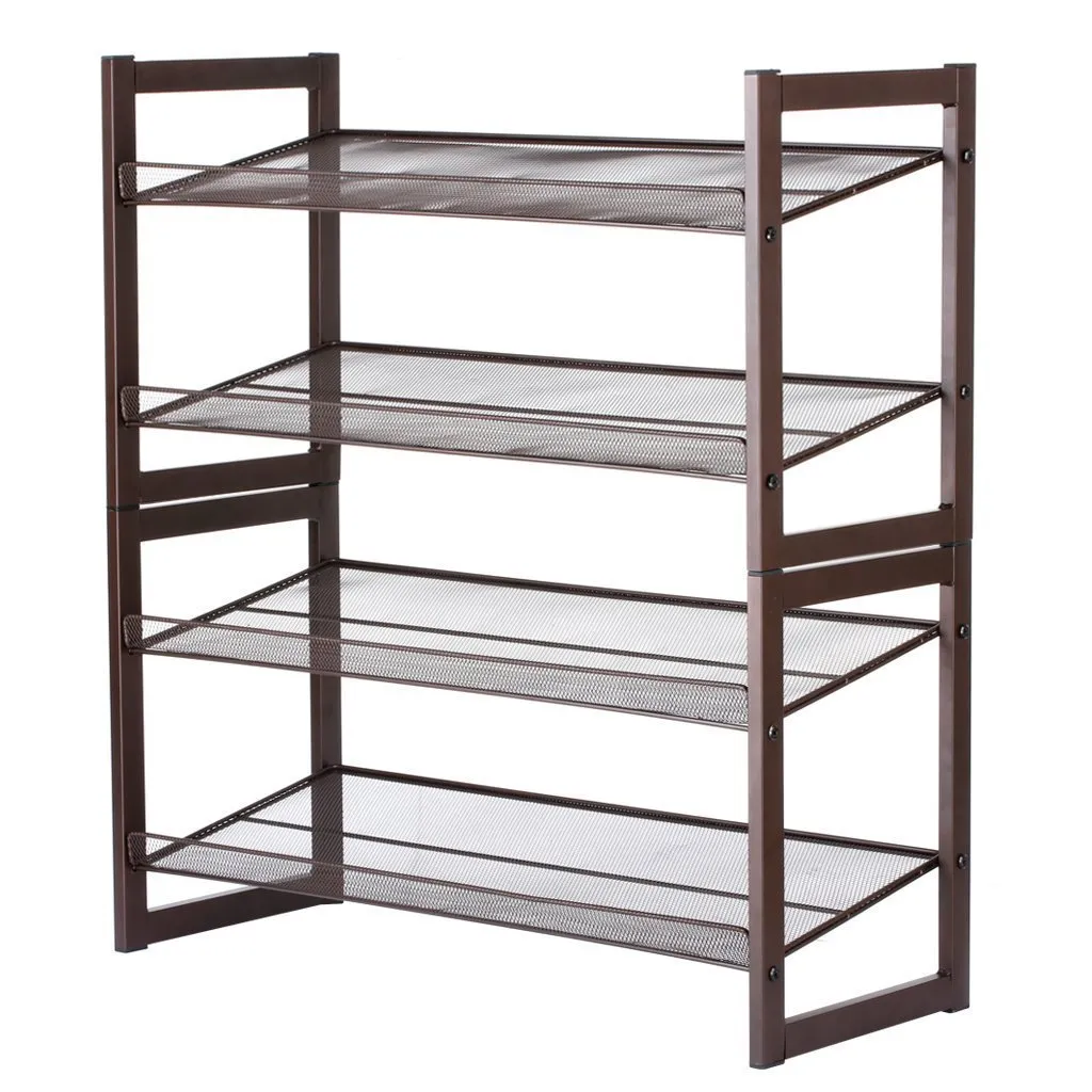 Rackaphile 4-Tier Stackable Metal Shoe Rack Mesh Utility Shoe Storage Organizer Shelf for Closet Bedroom Entryway 32.3" × 28.9" × 12" Bronze