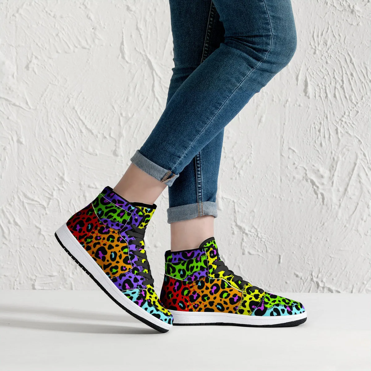 Rainbow Leopard Print High-Top Fuax Leather Sneakers /Unisex /- Black