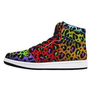 Rainbow Leopard Print High-Top Fuax Leather Sneakers /Unisex /- Black
