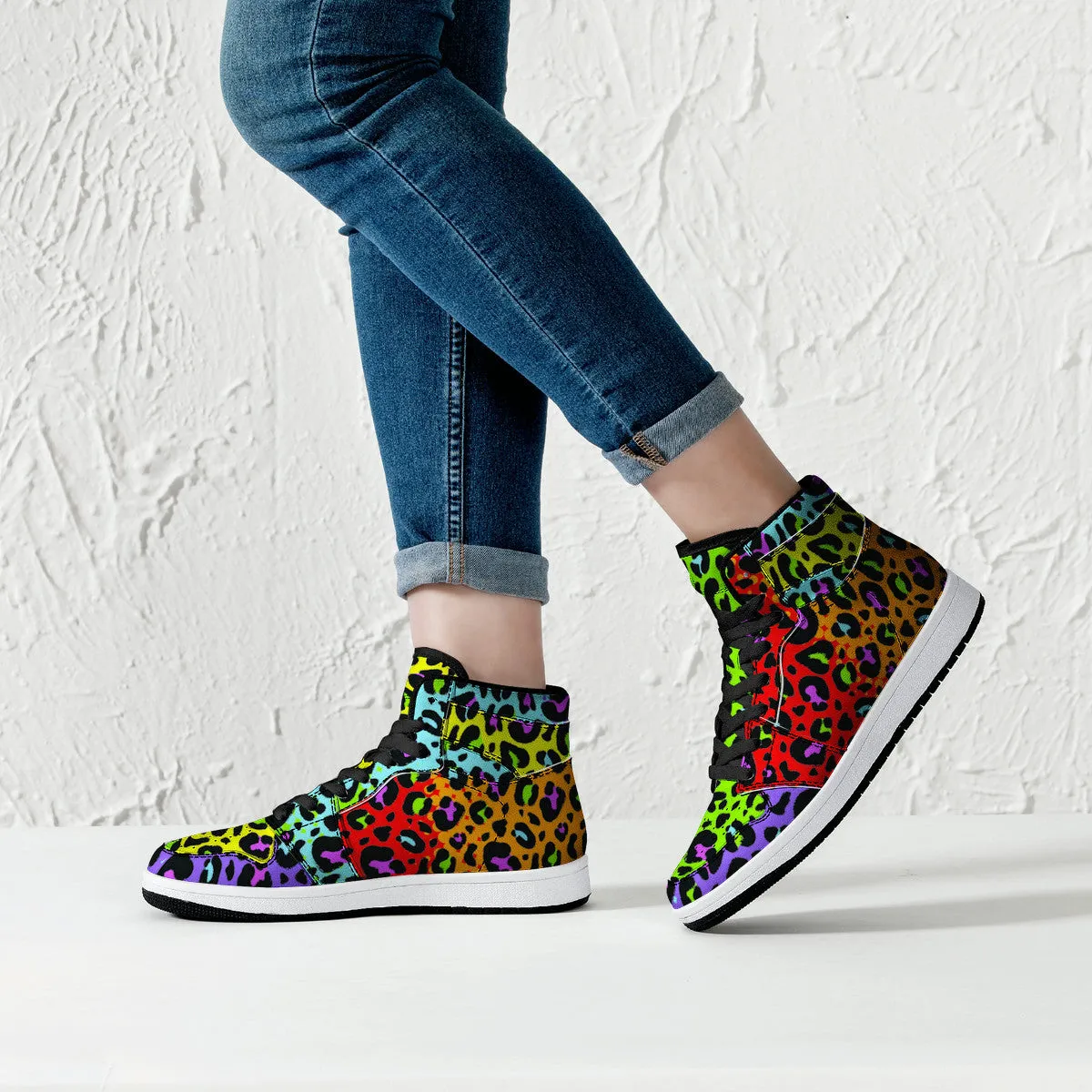 Rainbow Leopard Print High-Top Fuax Leather Sneakers /Unisex /- Black