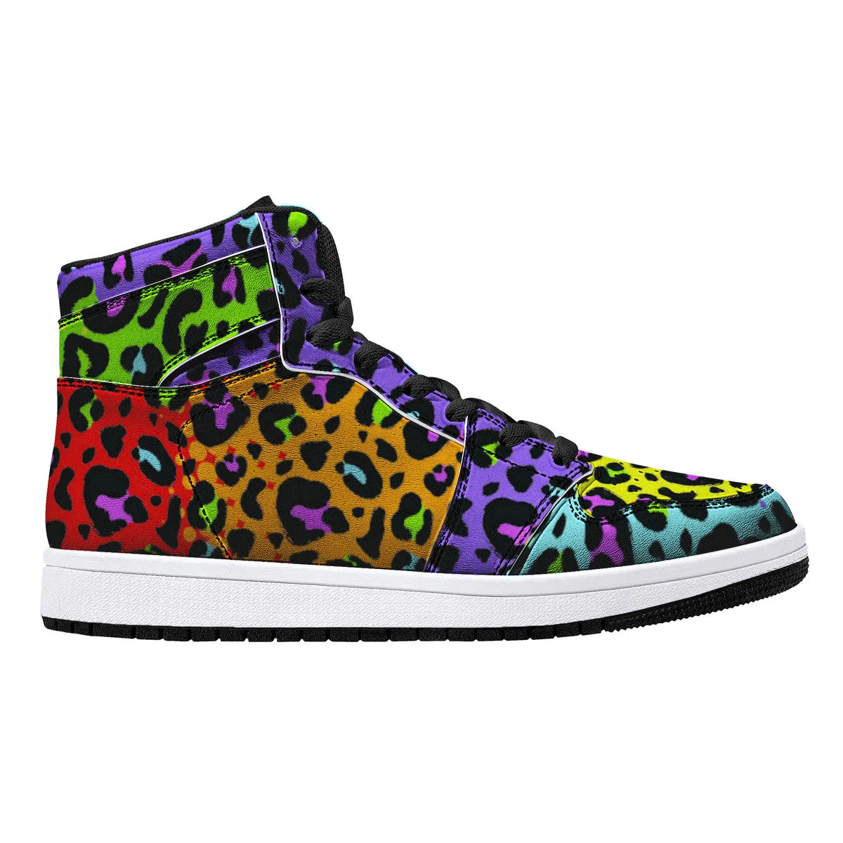 Rainbow Leopard Print High-Top Fuax Leather Sneakers /Unisex /- Black