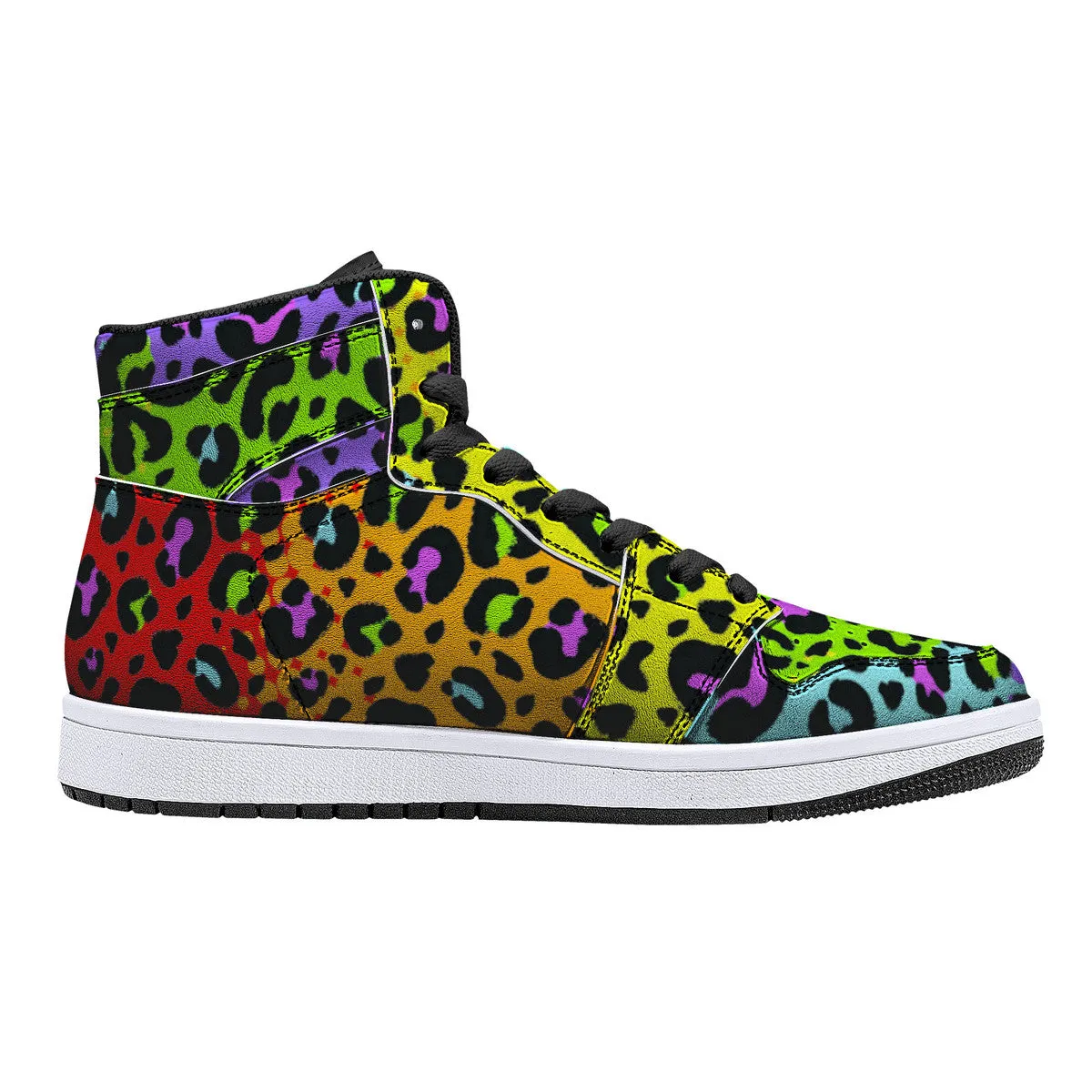 Rainbow Leopard Print High-Top Fuax Leather Sneakers /Unisex /- Black