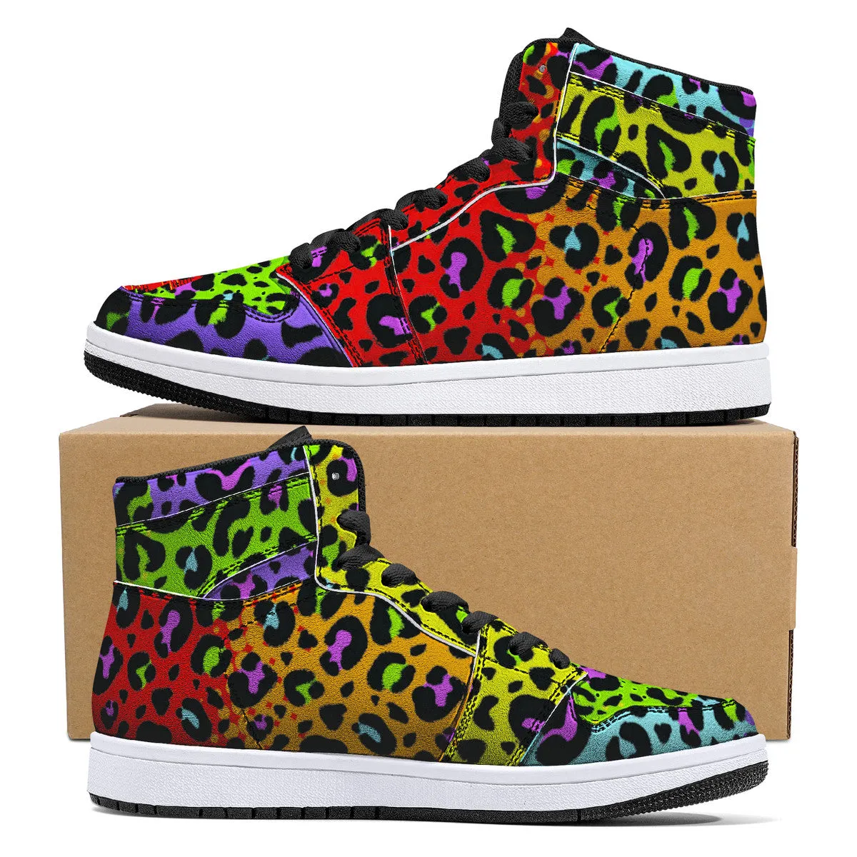 Rainbow Leopard Print High-Top Fuax Leather Sneakers /Unisex /- Black