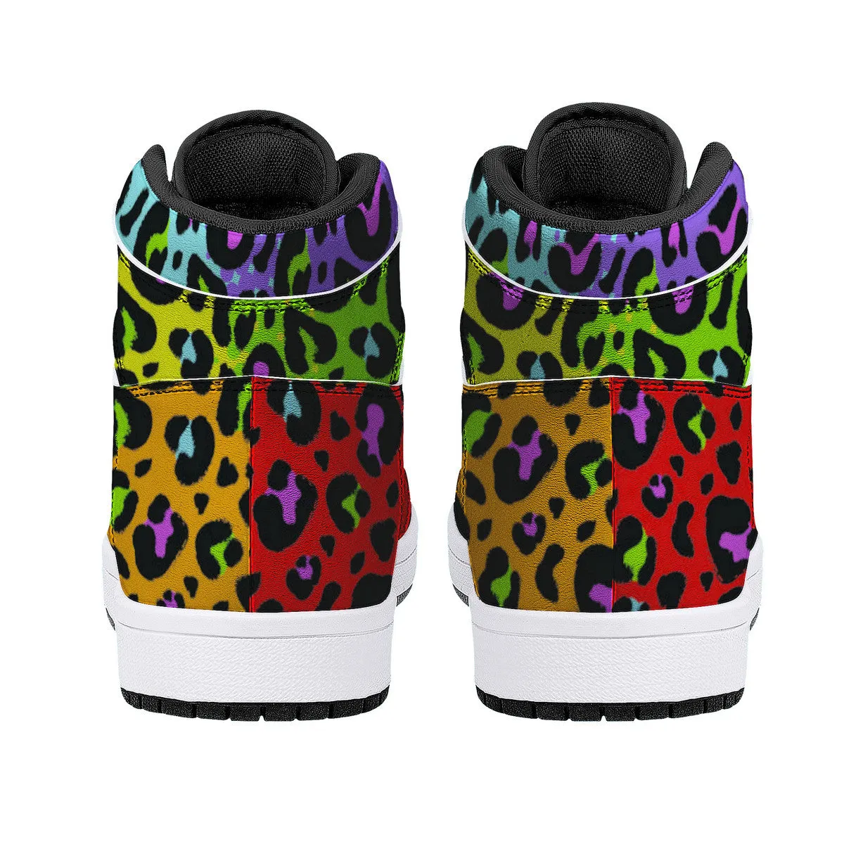 Rainbow Leopard Print High-Top Fuax Leather Sneakers /Unisex /- Black