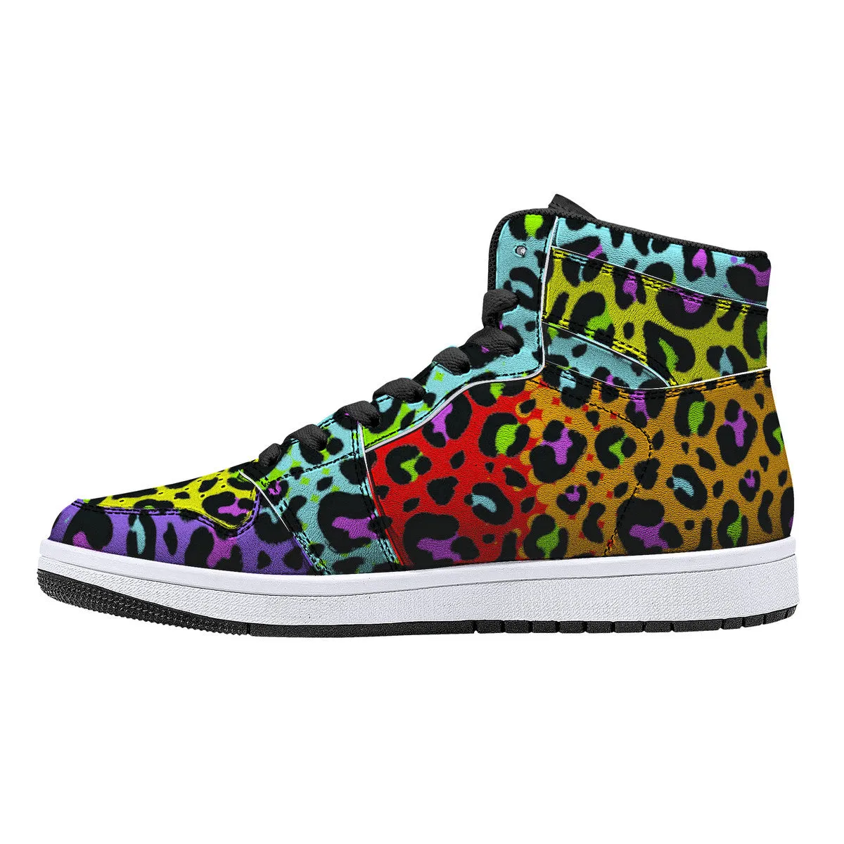 Rainbow Leopard Print High-Top Fuax Leather Sneakers /Unisex /- Black