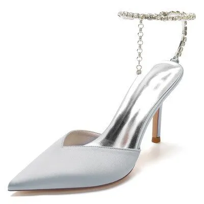 Rhinestone chain pointed silk bridal wedding shoes