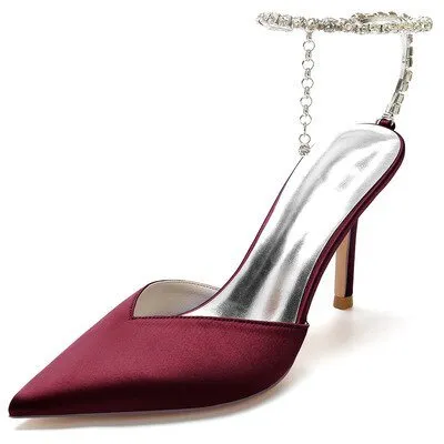 Rhinestone chain pointed silk bridal wedding shoes