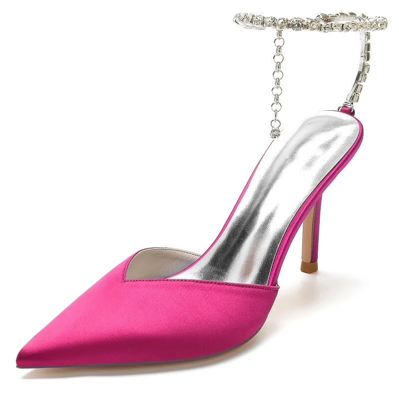 Rhinestone chain pointed silk bridal wedding shoes