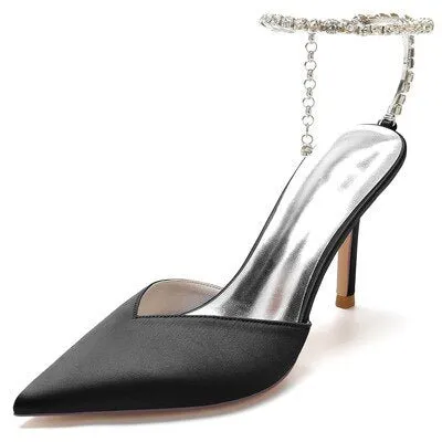 Rhinestone chain pointed silk bridal wedding shoes