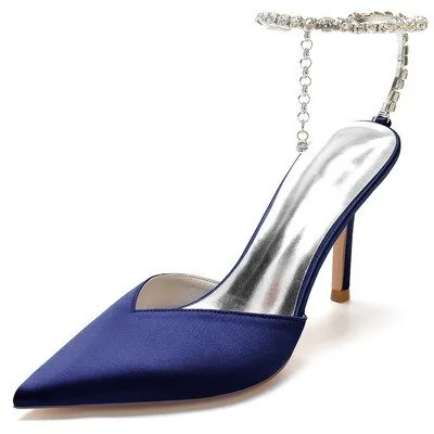 Rhinestone chain pointed silk bridal wedding shoes