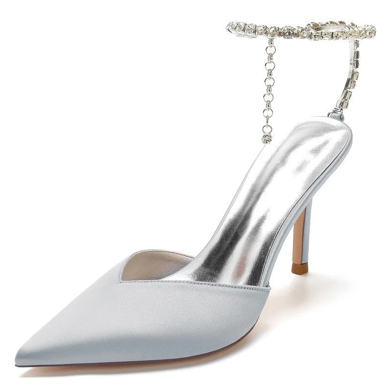 Rhinestone chain pointed silk bridal wedding shoes