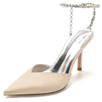 Rhinestone chain pointed silk bridal wedding shoes