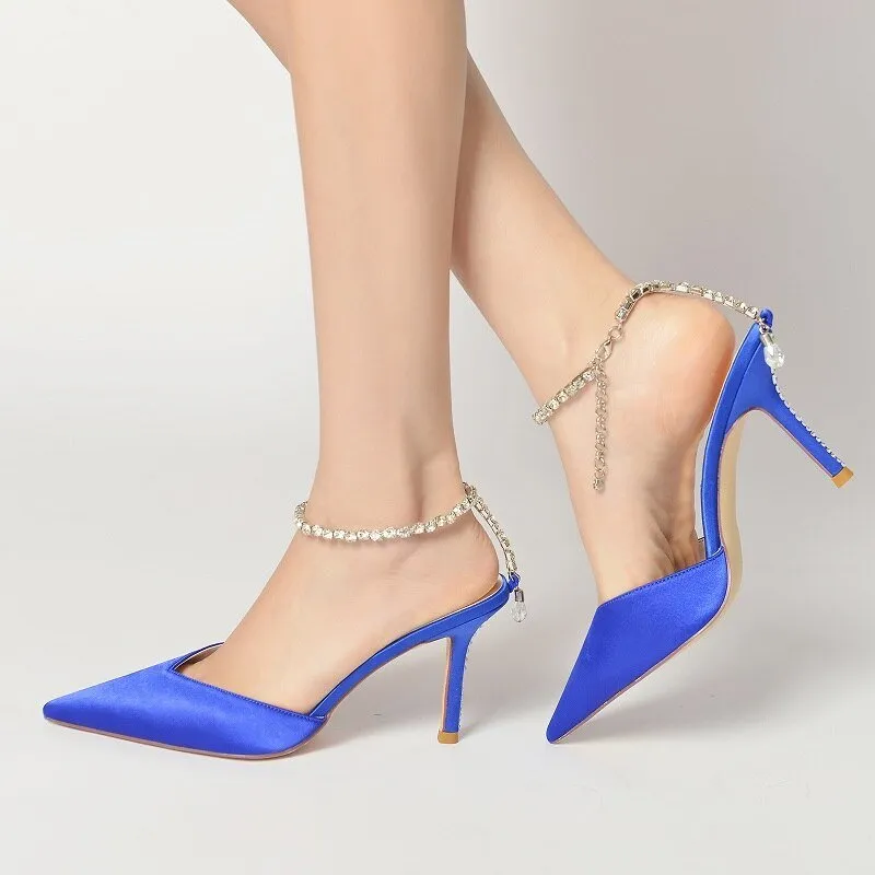 Rhinestone chain pointed silk bridal wedding shoes
