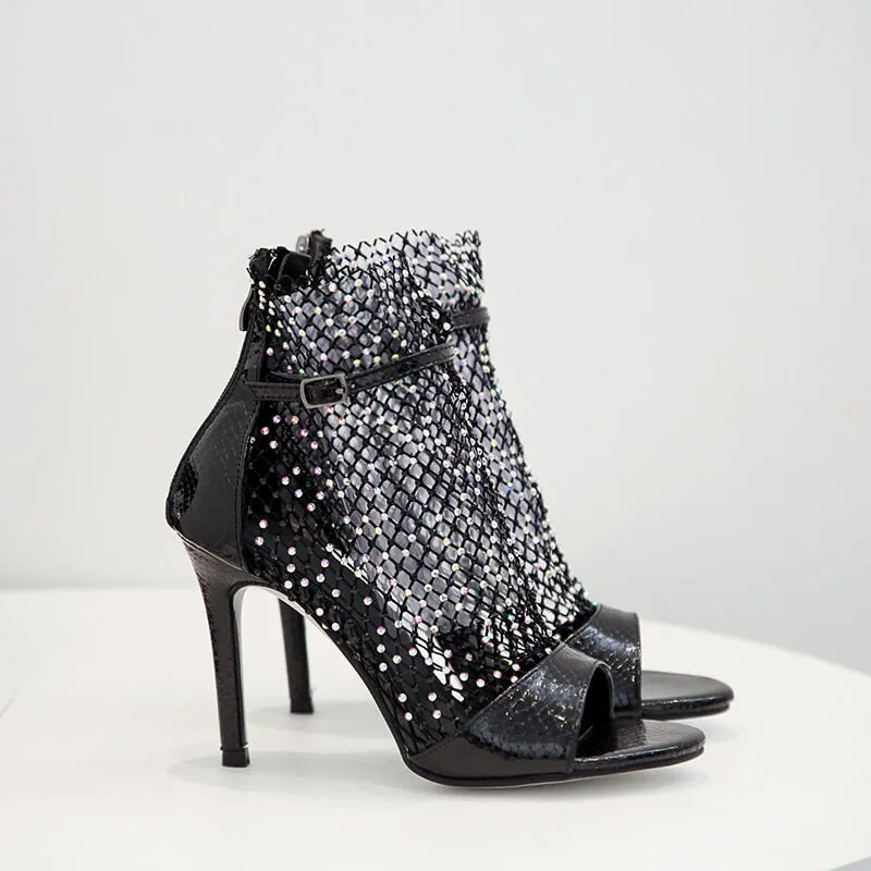 Rhinestone High Heel Mesh Sandals