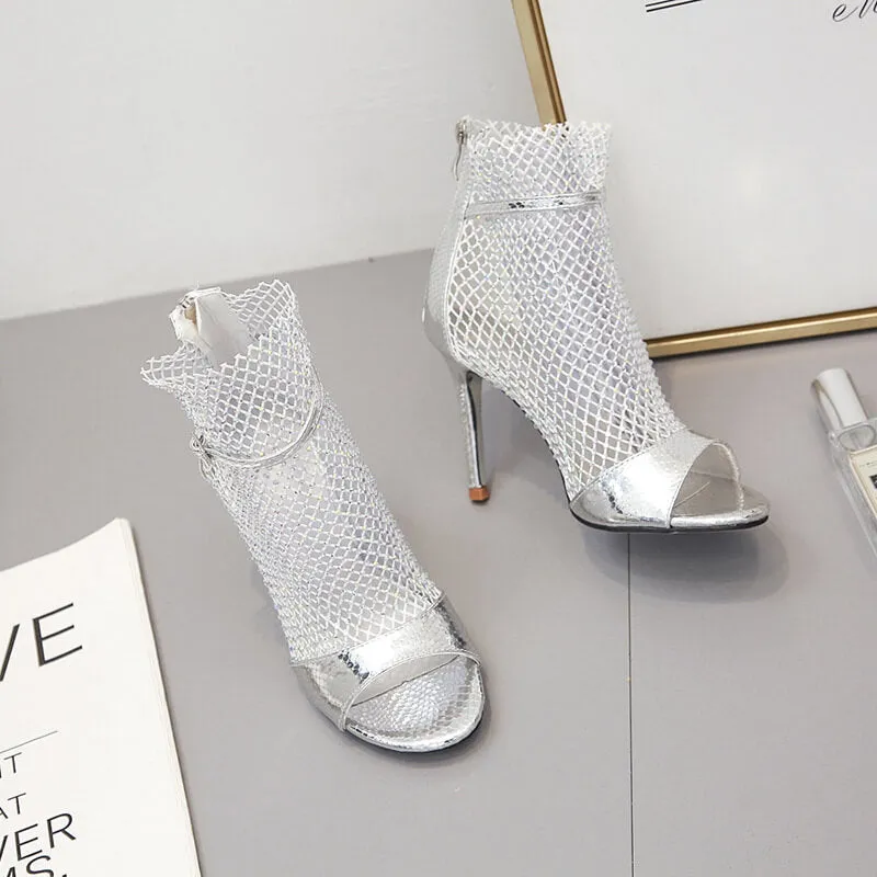 Rhinestone High Heel Mesh Sandals